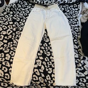 VRG GRL white straight leg jeans with raw hem